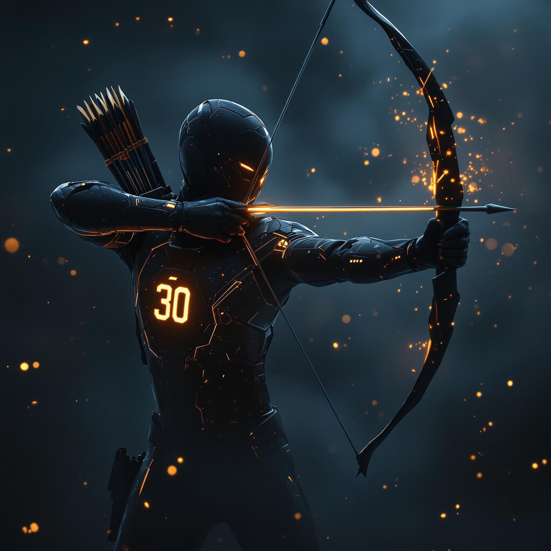 AI generated: AN ARCHER IN A BLACK TIGHT SUPERHERO SUIT WITH A GLOWING GOLDEN NUMBER 30 LIKE ON A BASKETBALL JERSE...