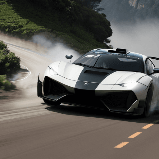 AI generated: supercar in a high-speed race on a winding mountain road, surrounded by lush greenery and dramatic c...