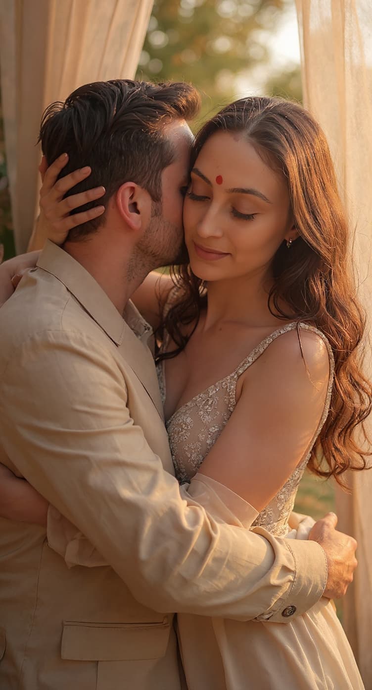 AI generated: A man and a woman share an intimate, passionate embrace on a luxurious bed draped in soft silk sheet...