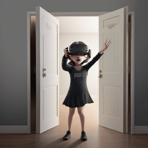 AI generated: Gun barrel out of frame, pointed ar a Child in virtual reality opening the door. The child is terrif...