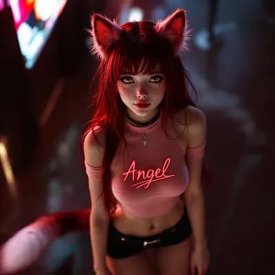 AI generated video: Sultry. Winks at camera. Cat ears twitch, move and swivel. Tail swishes, moves and curls.