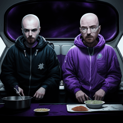 AI generated: Jesse Pinkman and Walter White cooked in the space, breaking bad, dark, purple, great, realistic