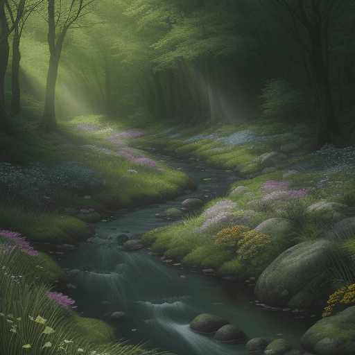 AI generated: A dark green forest, light shines through the gaps between the trees, there are grasses and colorful...