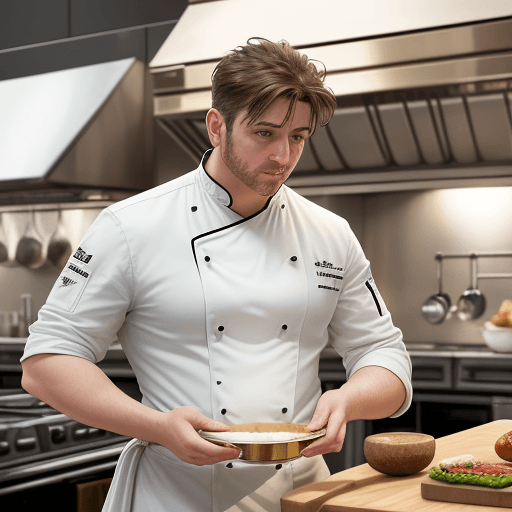 AI generated: An accomplished chef in a stark white uniform, passionately crafting culinary art in a bustling bras...
