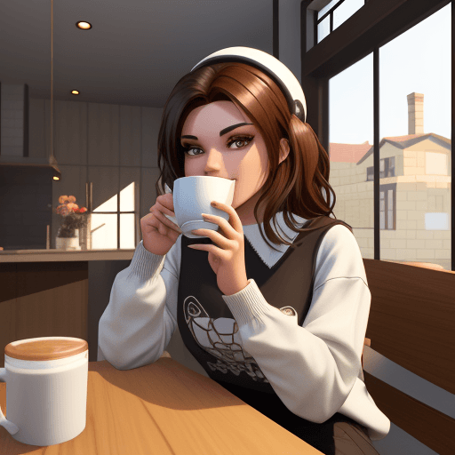 AI generated: roblox character sitting down drinking coffee in a house, brown hair, aesthetic clothing


