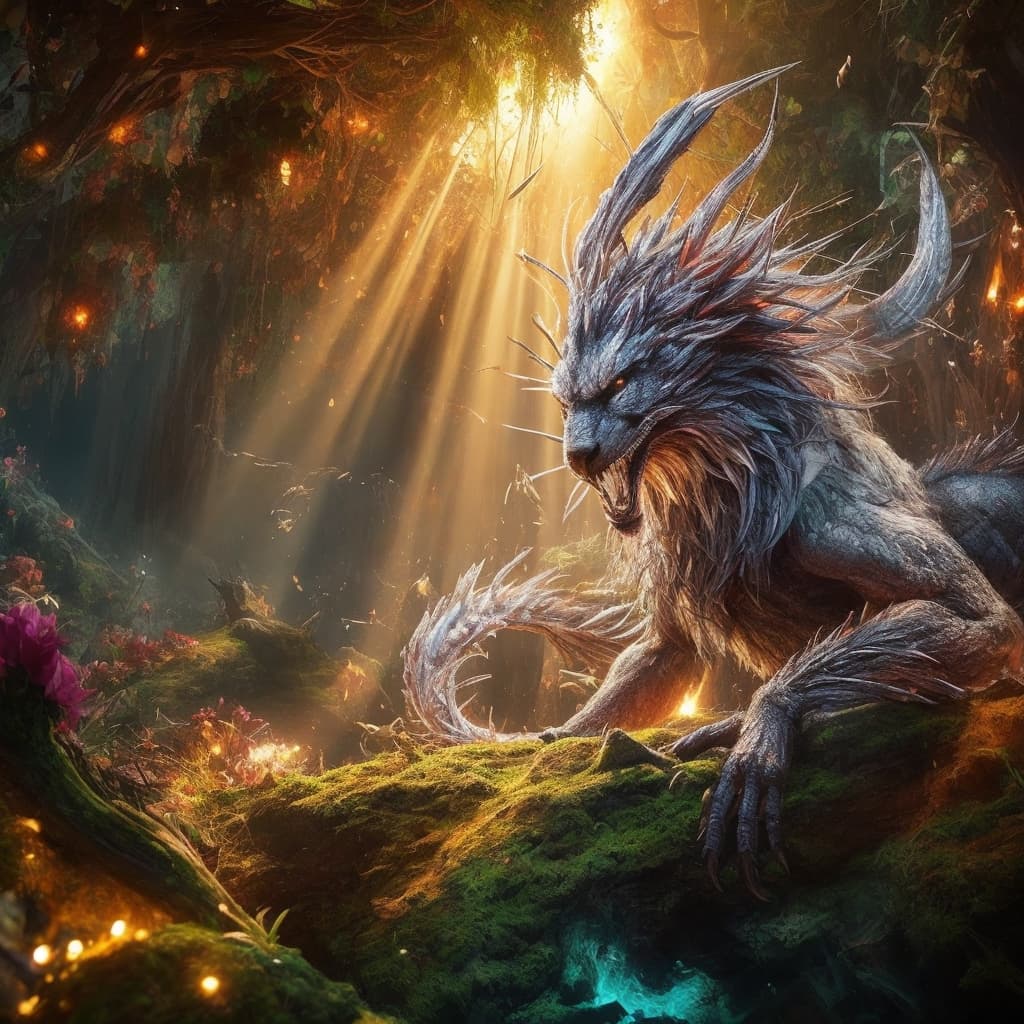 AI generated: An enchanting mythical creature in the heart of the jungle, captured in an ultra-detailed closeup wi...