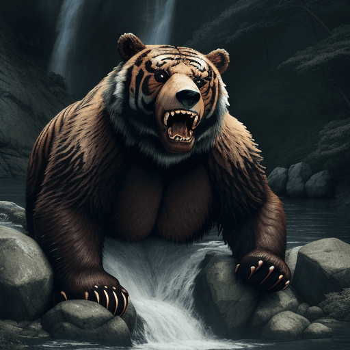 AI generated: angry, hungry bear with a grin, screaming, muzzle pointing up at the rocks from which the waterfall ...
