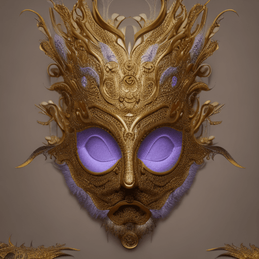 AI generated: Elaborate intricate avant-garde gonden mask made of gold and iron with purple feathers on a white ba...