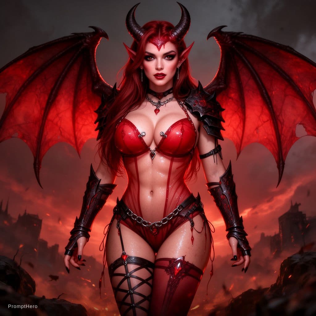 AI generated: full breasts view, sex pose, extrem perky red skin, ultra sexy demon succubus fantasy babe withe dev...
