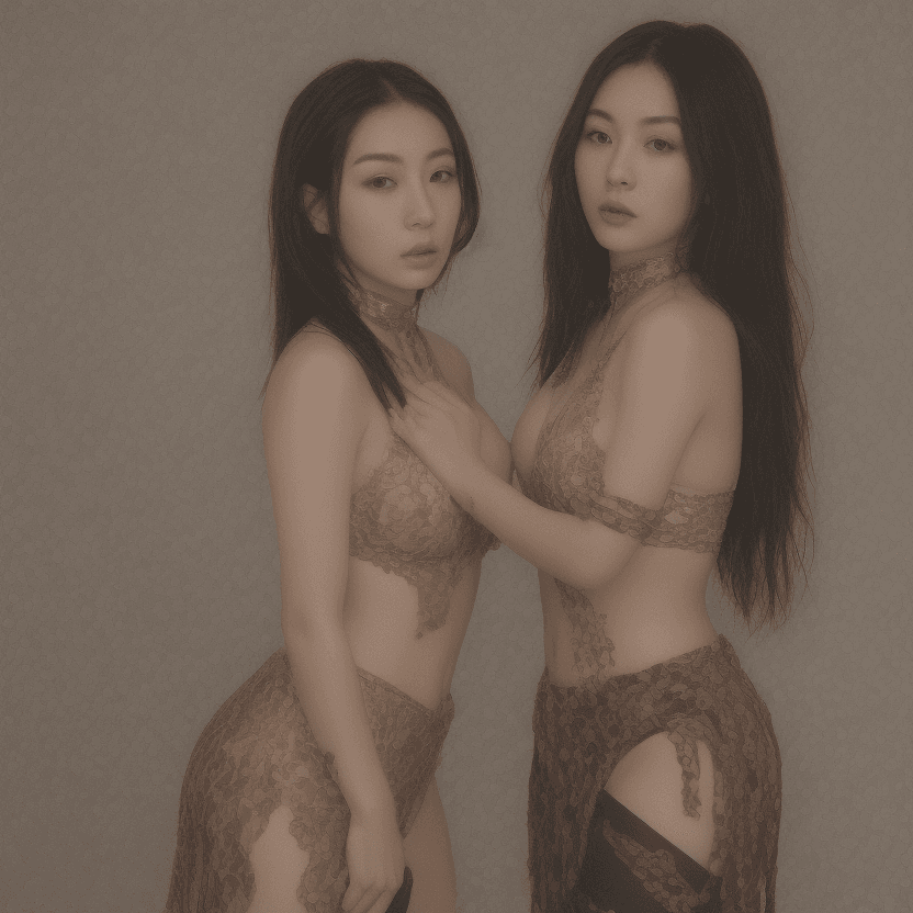 AI generated: Two beautiful alluring Japanese women, kneel in a serene field of bleeding hearts, in an embrace, ri...