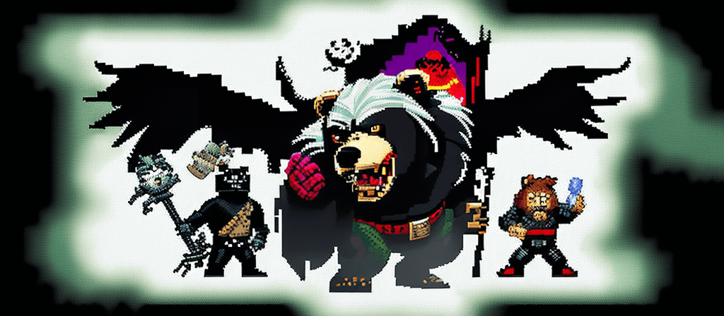 AI generated: The Bear +  Death Angels + The Alien + Werewolf+ pixel art banner + pixel art style + cover art styl...