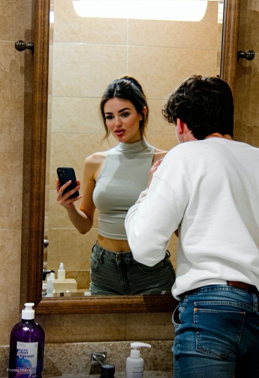 AI generated: Casual mirror selfie in a bathroom, smartphone photo quality. Women with a playful expression, bitin...