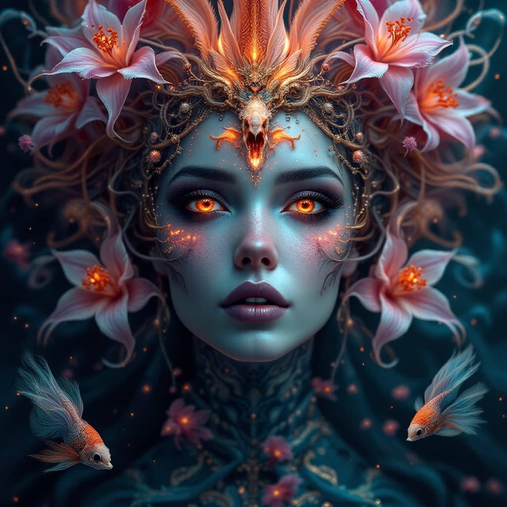 AI generated: Goddess close-up portrait ribcagel. jellyfish phoenix head, nautilus, orchid, skull, betta fish, bio...
