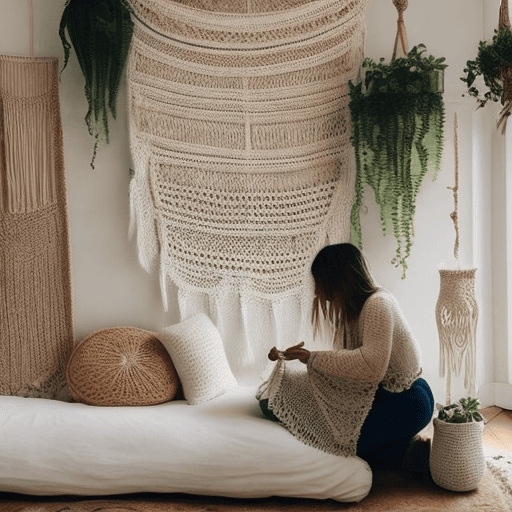 AI generated: In a softly lit room, an elegant girl is engrossed in her crochet work, her fingers moving nimbly to...