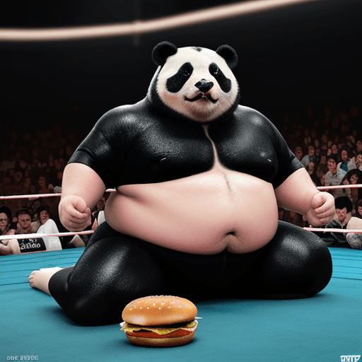 AI generated: (very super fat panda:1.2)with fat man's belly, in the ring, on the floor of the ring, there are hun...