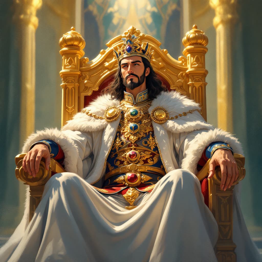 AI generated: A stunning anime-style illustration of a regal king sitting on an ornate golden throne, wearing an i...