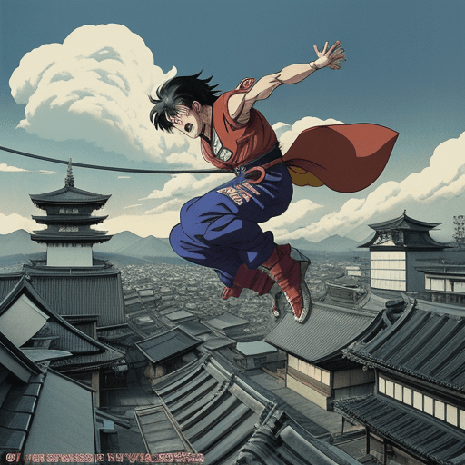 AI generated: a man jumping from a roof to another roof in kyoto, akira anime style, 80's anime style, retrofuture...