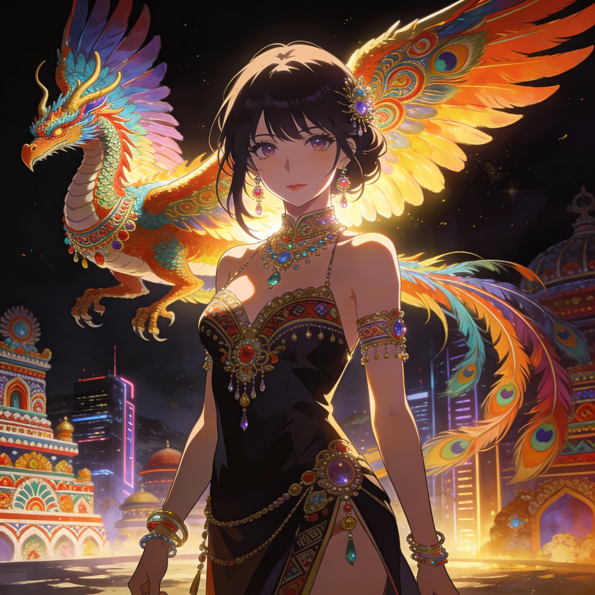 AI generated: Anime estilizado de Kyoto Animation mezclado con obras de arte tradicionales mexicanas ~ Un dragón e...