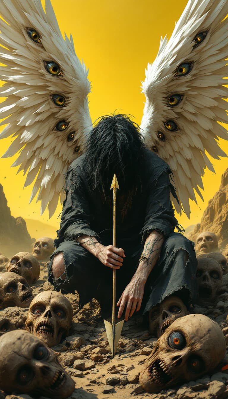 AI generated: Surreal 9k illustration of an angel with messy black hair, with large worn white wings full of reali...