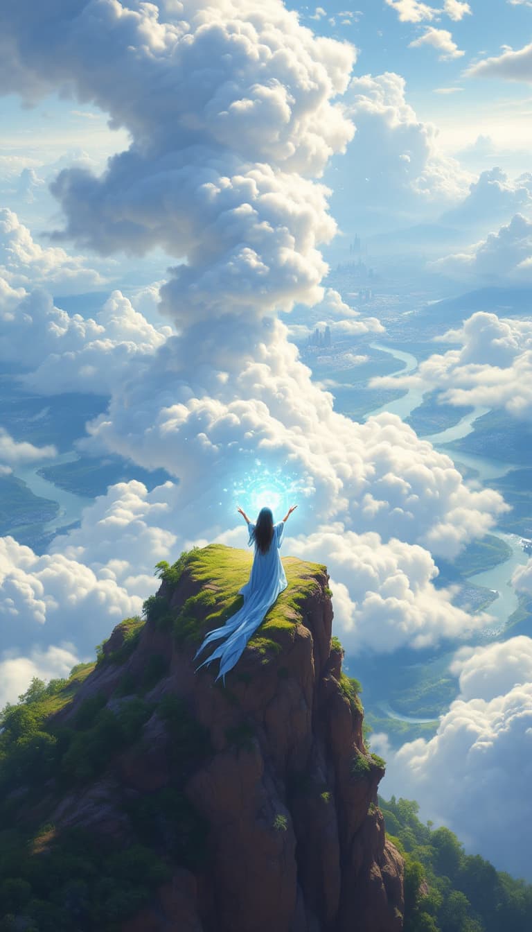 AI generated: Fantasy Landscape: The Cloud Sculptor, a sweeping digital illustration depicting a woman, the Cloud ...