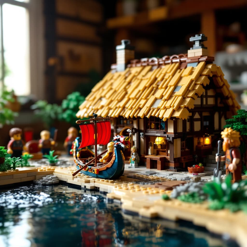AI generated: A LEGO Viking longhouse with thatched roof and dragon boats