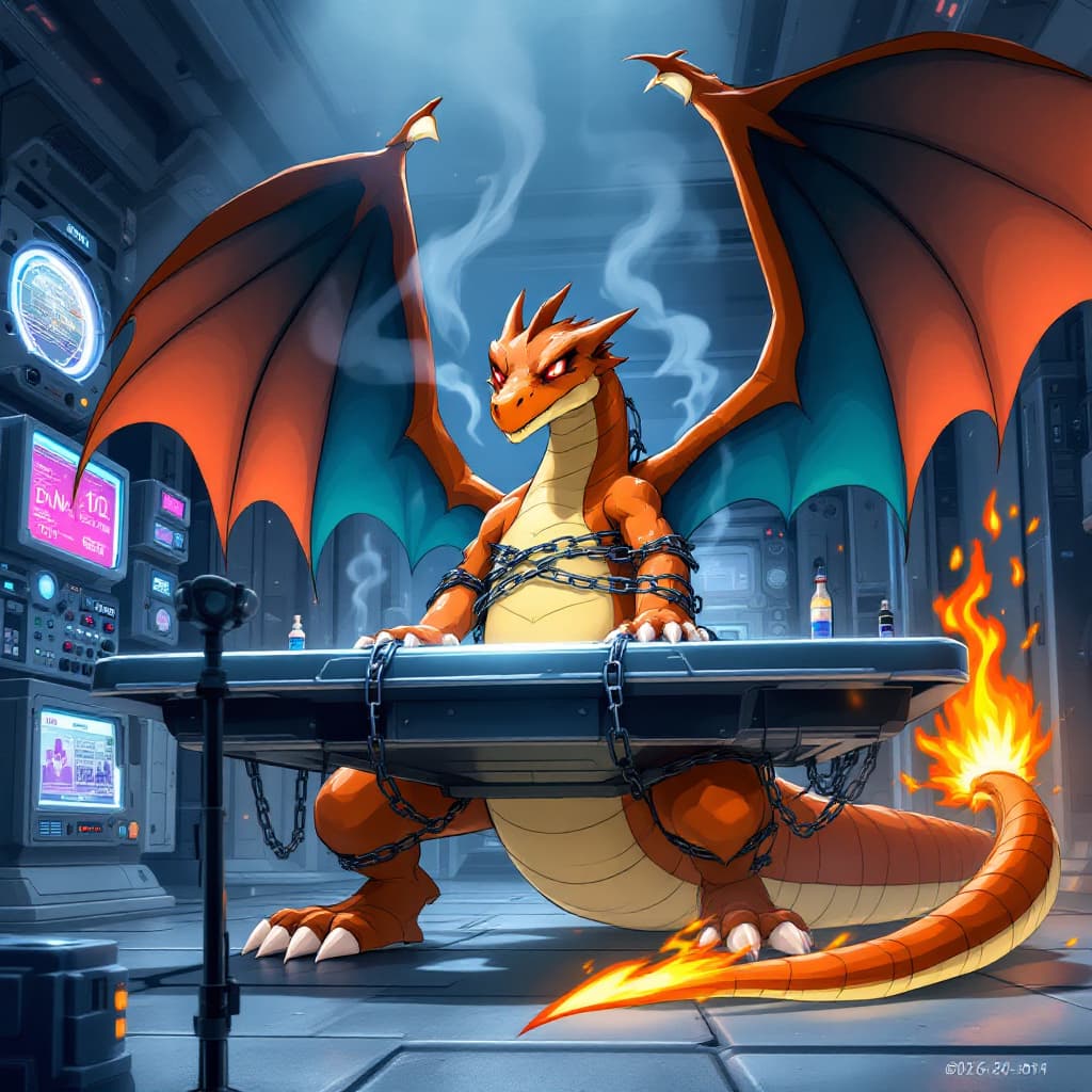 AI generated: Charizard, no humans, 10s, creatures (company), fangs, fire, game freak, gen 1 Pokémon, high-resolut...