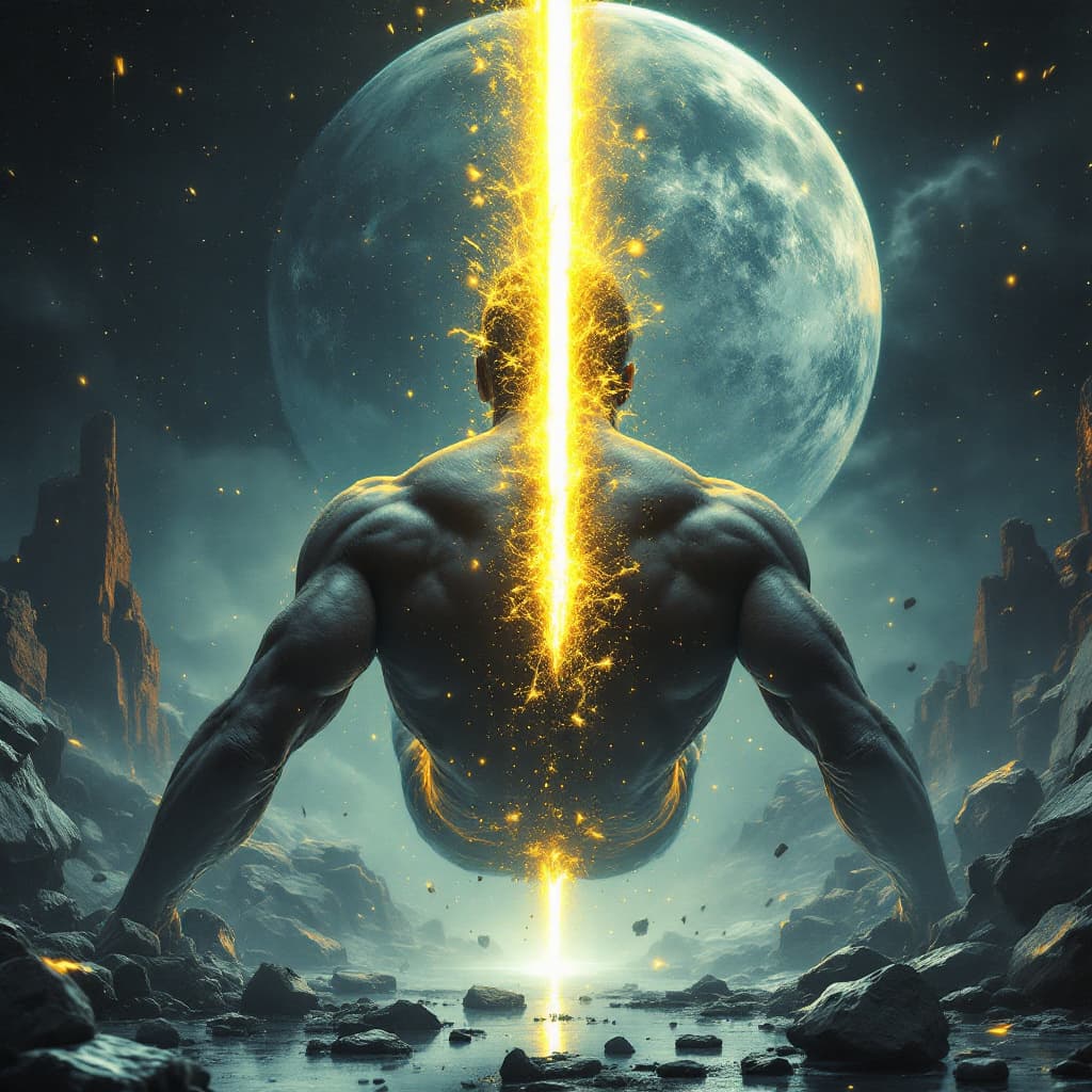 AI generated: Darkwave, synthwave,  epic music album cover. It portrays a close up of a floating very muscular per...