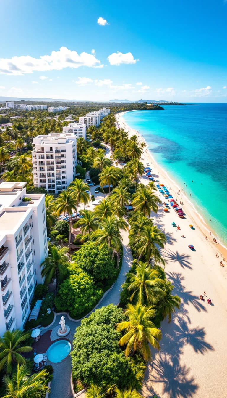 AI generated: An aerial view of a tropical seaside promenade with bright white apartment buildings surrounded by l...