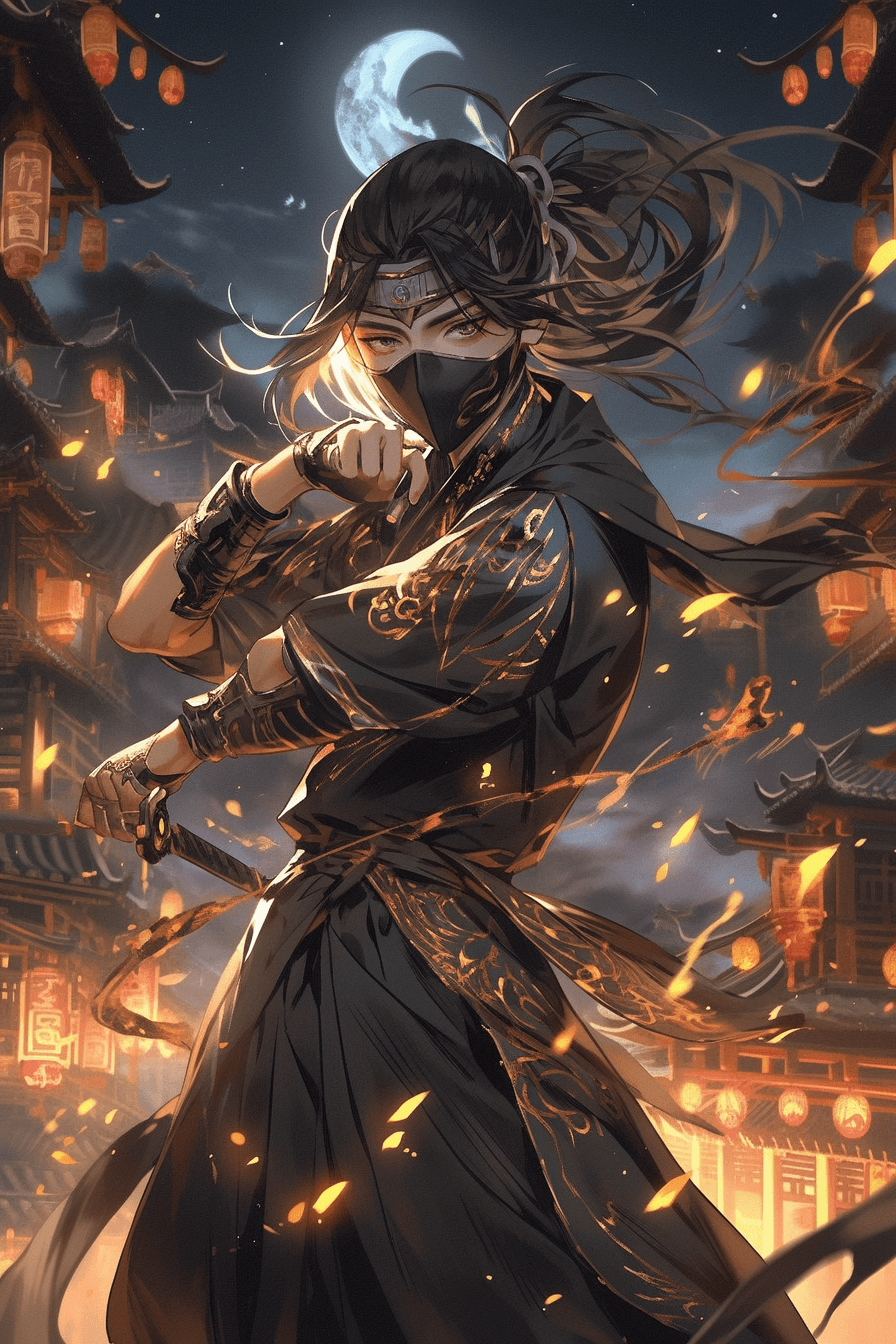 AI generated: A mischievous ninja in midnight black traditional Chinese attire, golden accessories, stealthy stanc...