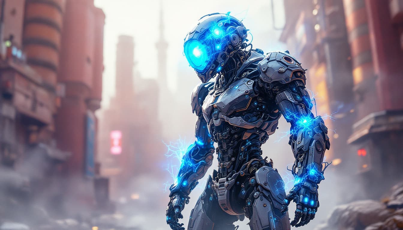 AI generated: electric cyborg in a steampunk world,full body,lensflare,misty,steam,intricate detailed