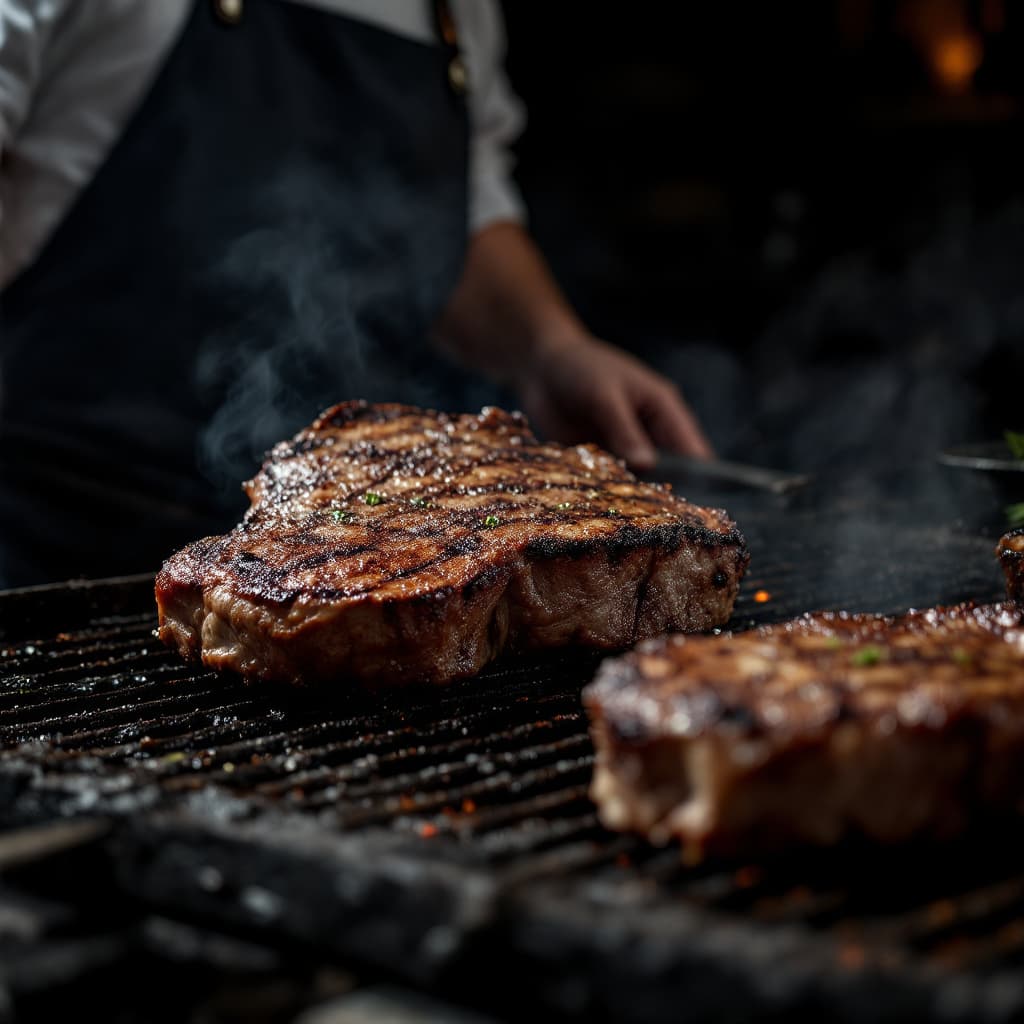 AI generated: darker image of chef in apron grilling big chunk of meat. Show more apron and grill
Photography