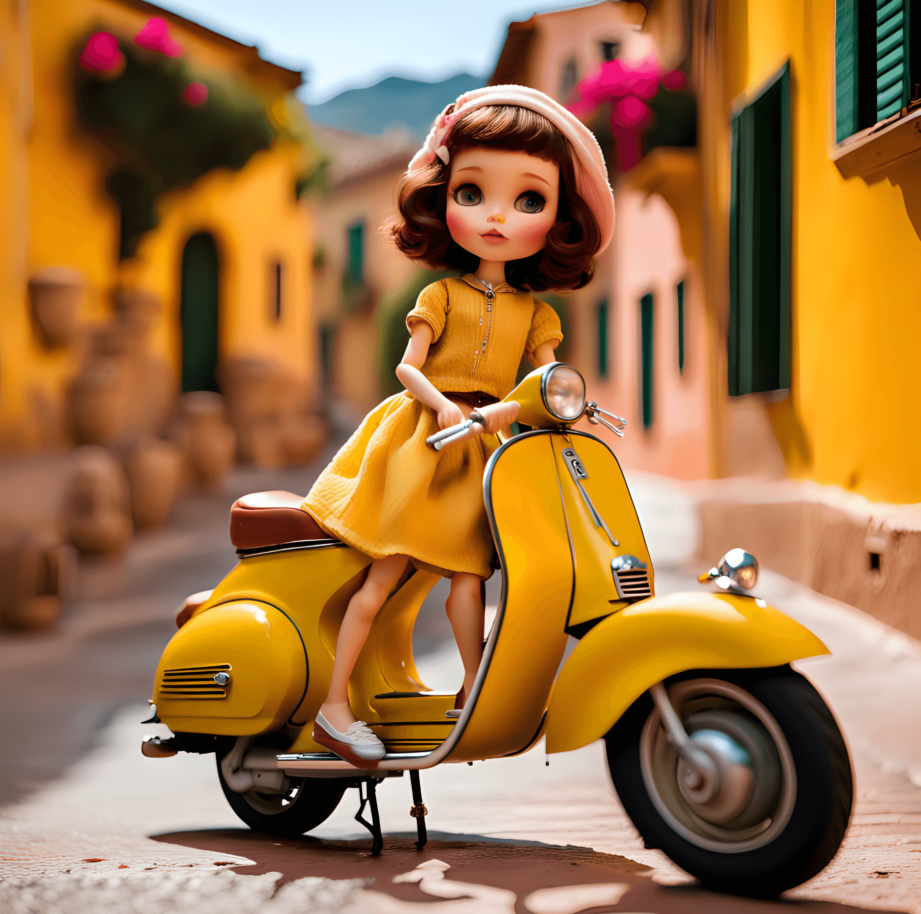 AI generated: a close up of a blythe doll sitting on a yellow vespa, she looks excited, posing in a small Mediterr...