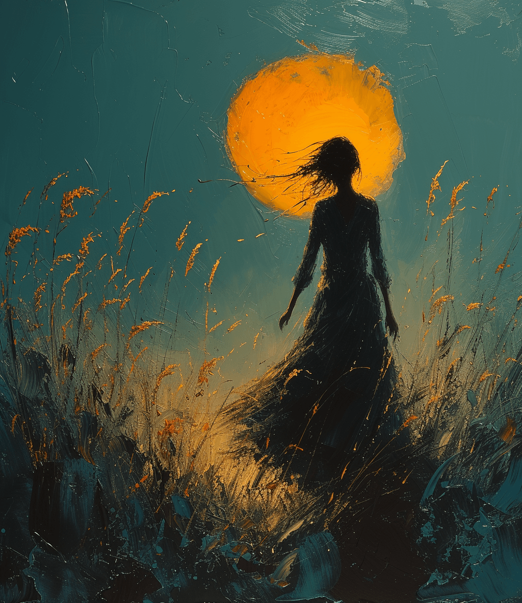 AI generated: a painting of a girl walking in a field under a full moon, in the style of graceful movement, orange...