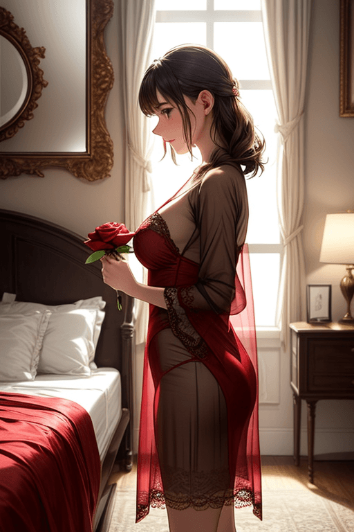 AI generated: Create an elegant boudoir scene featuring a red-haired woman dressed in a sheer red lace robe. She h...