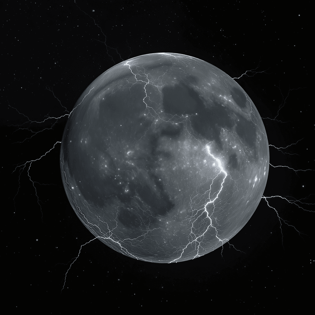 AI generated: a grey, White and black moon that has white lightning storms covering its surface with that likes li...