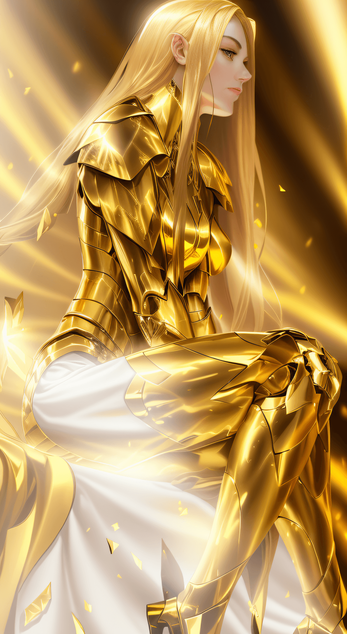 AI generated: a close up of a woman in a gold outfit sitting on a motorcycle, light gold armor, gold heavy armor. ...