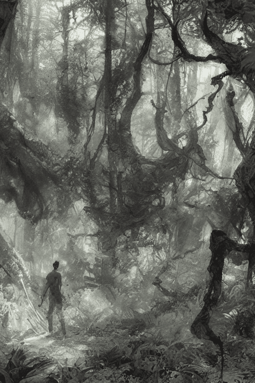 AI generated: nature, forest , pen and ink, intricate line drawings, by craig mullins, ruan jia, kentaro miura, gr...