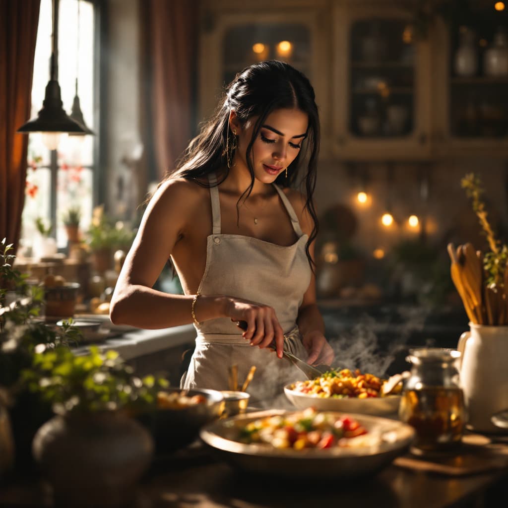 AI generated: female,arabic egyptian,angelawhite, a wife cooking dinner ,wearing nothing but a small apron , (edge...