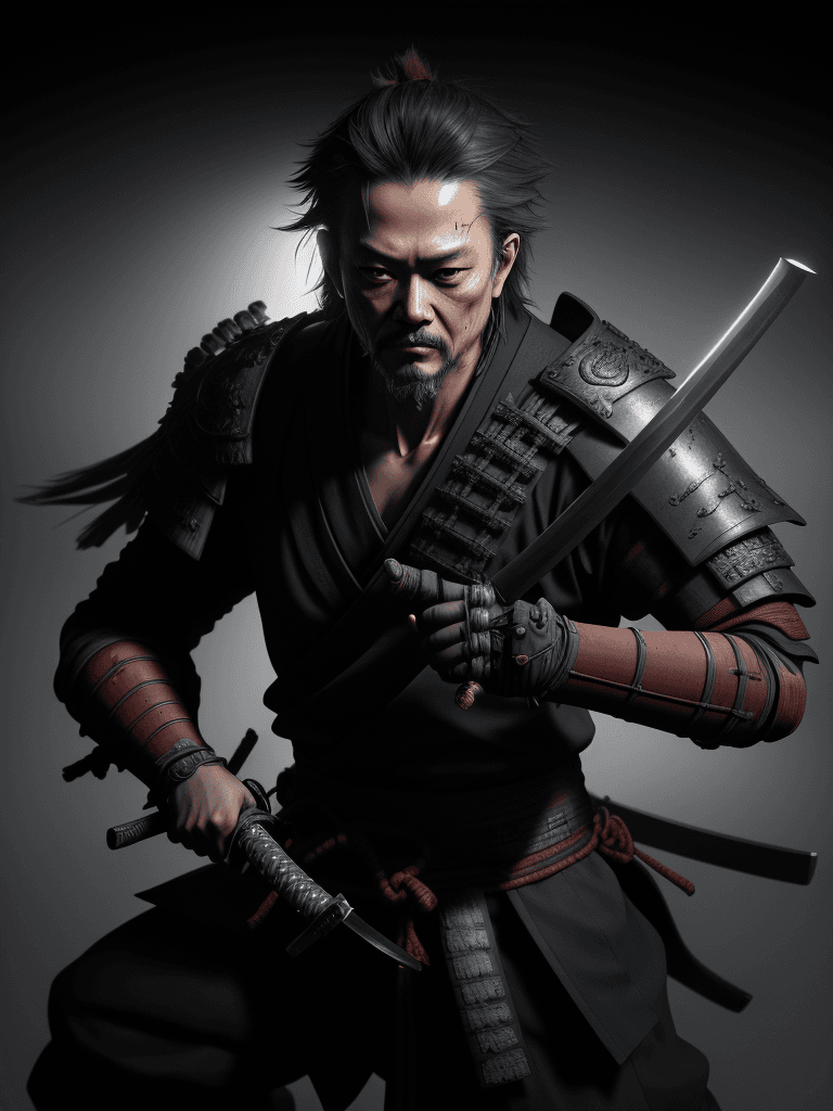 AI generated: 12th-century samurai in the style of Yoji Shinkawa, holding the katana sword, Volumetric light, hype...