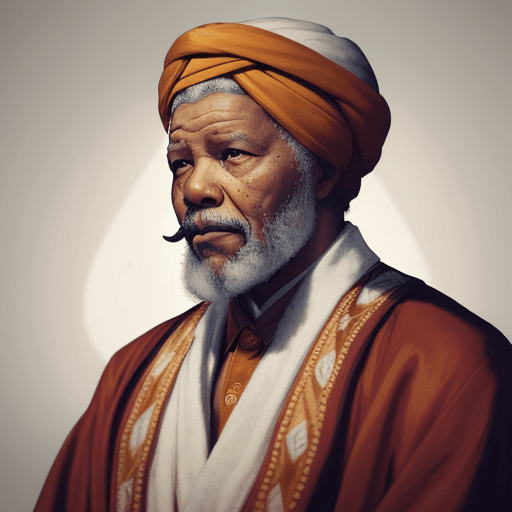 AI generated: The image features an Nelson Mandela with a beard and mustache, sad eyes, wearing a turban and a lon...