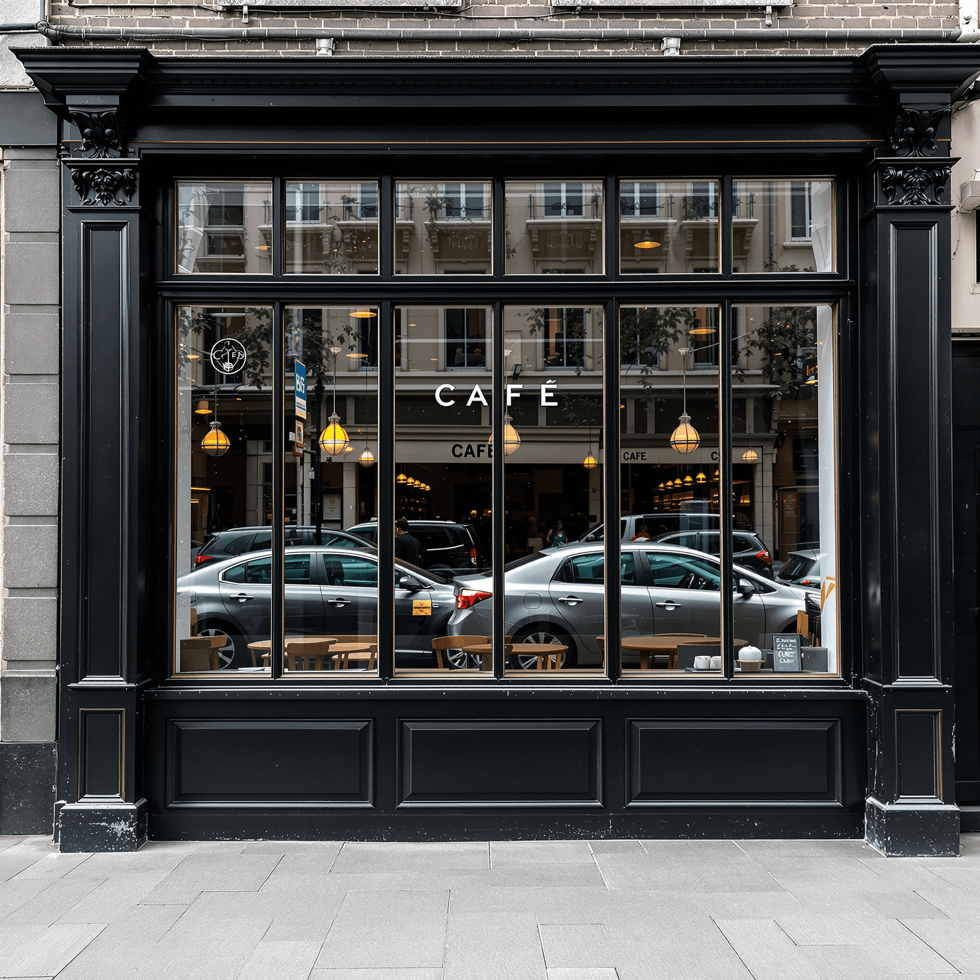 AI generated: the facade of the cafe is black. with large windows and wood trim. Moving cars reflected through the...