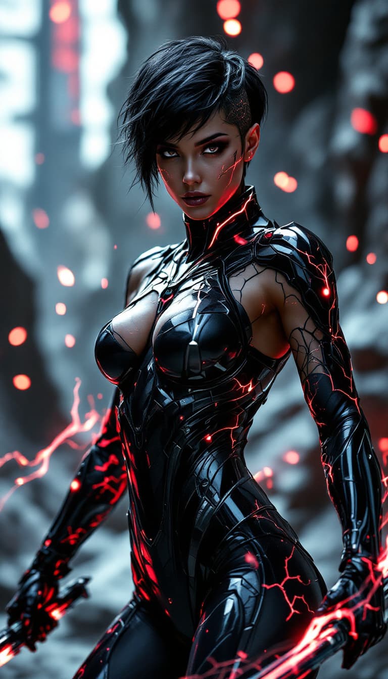 AI generated: An ultra-realistic, full-body action shot of a mesmerizing obsidian sentinel woman, exuding power an...