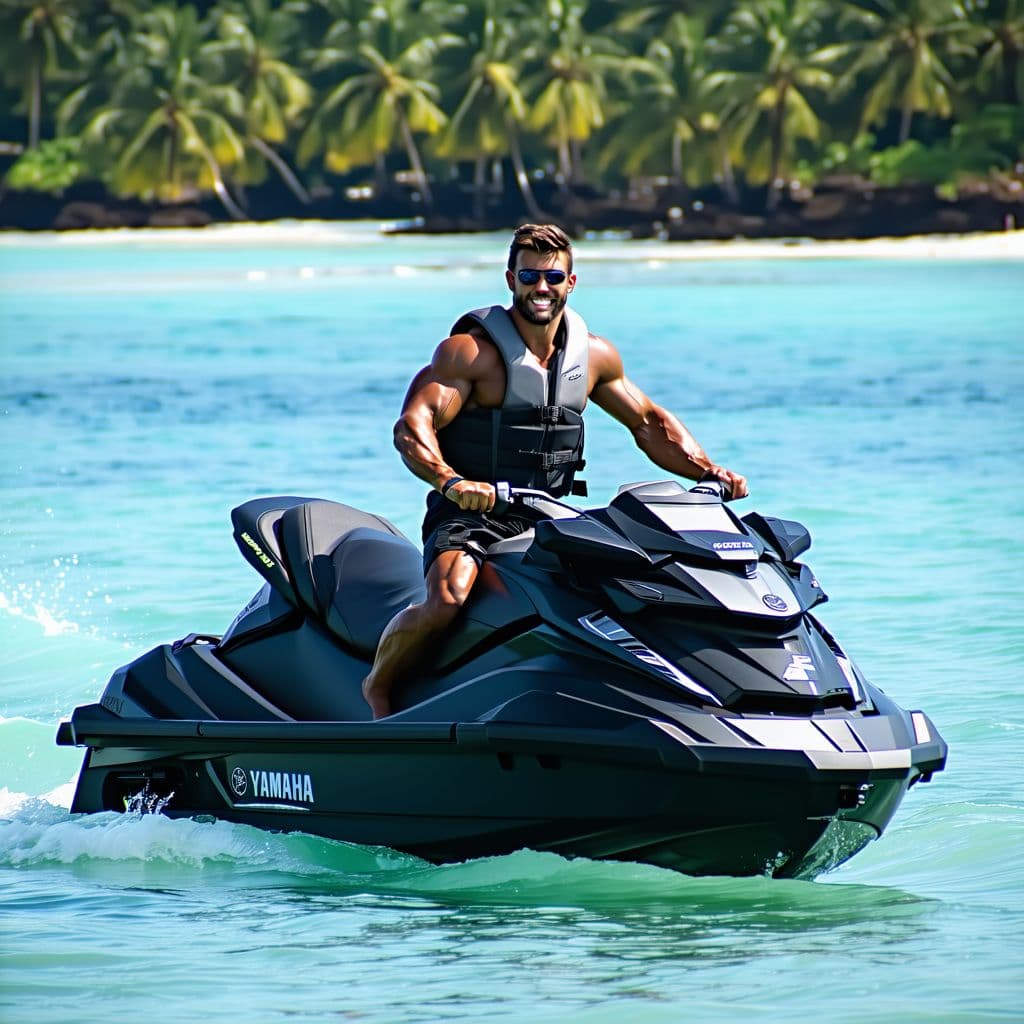 AI generated: General outline of a latest model black yamaha jet ski, 3 seater sitting in calm water  with a tropi...