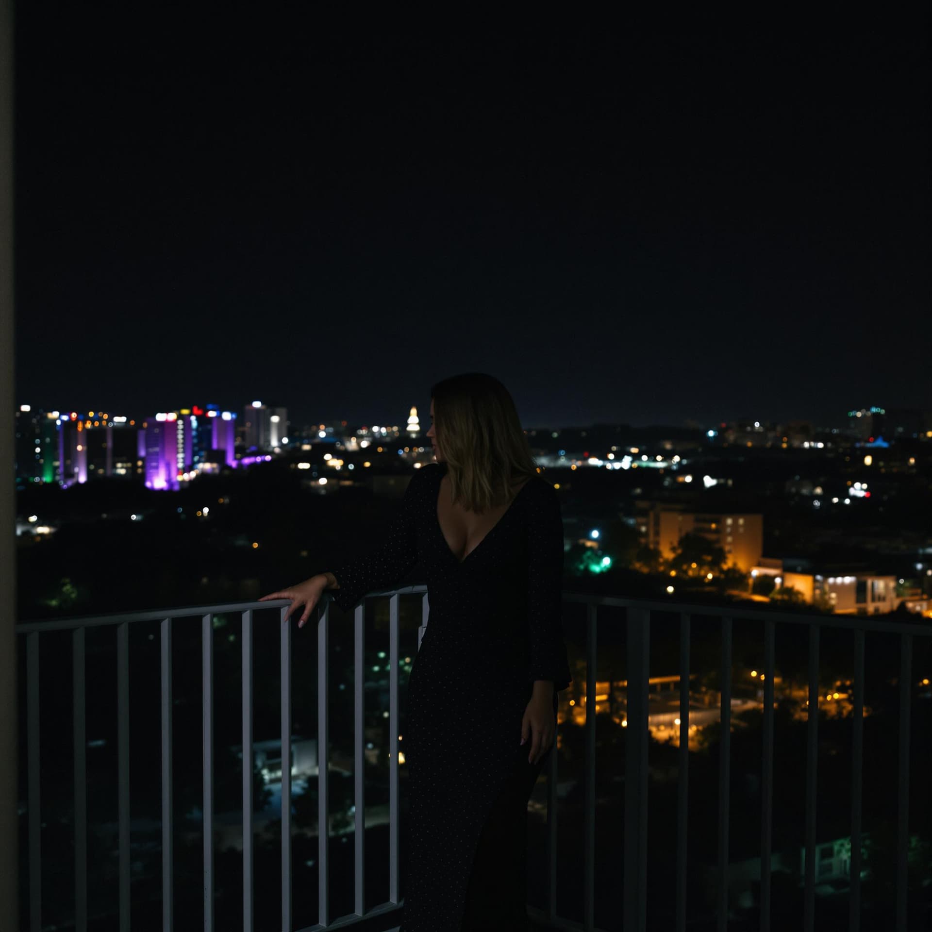 AI generated: female wearing a black dress standing on a balcony at night

