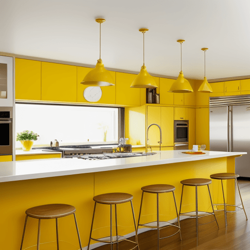 AI generated: a yellow american kitchen without gravity