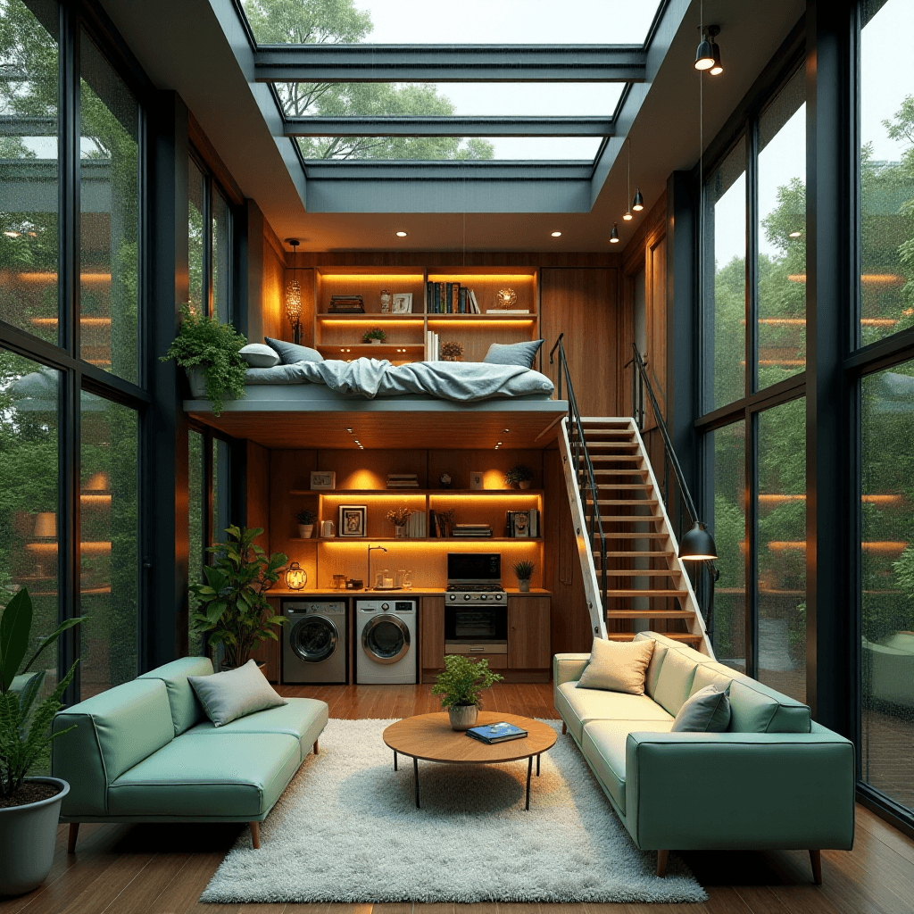 AI generated: Photorealistic, ultra-detailed interior scene of a cozy, modern loft-style apartment nestled in a tr...