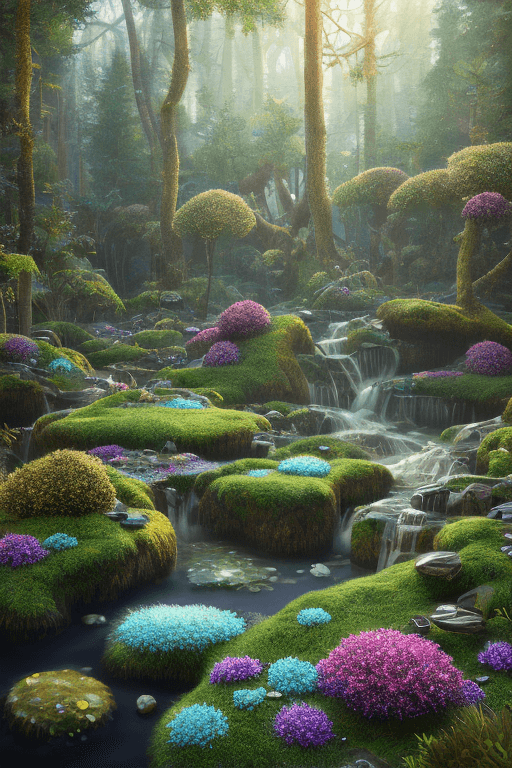 AI generated: Relaxing Forest flower crystals::4 emitting glitter garden landscape with pool of clear water and „b...