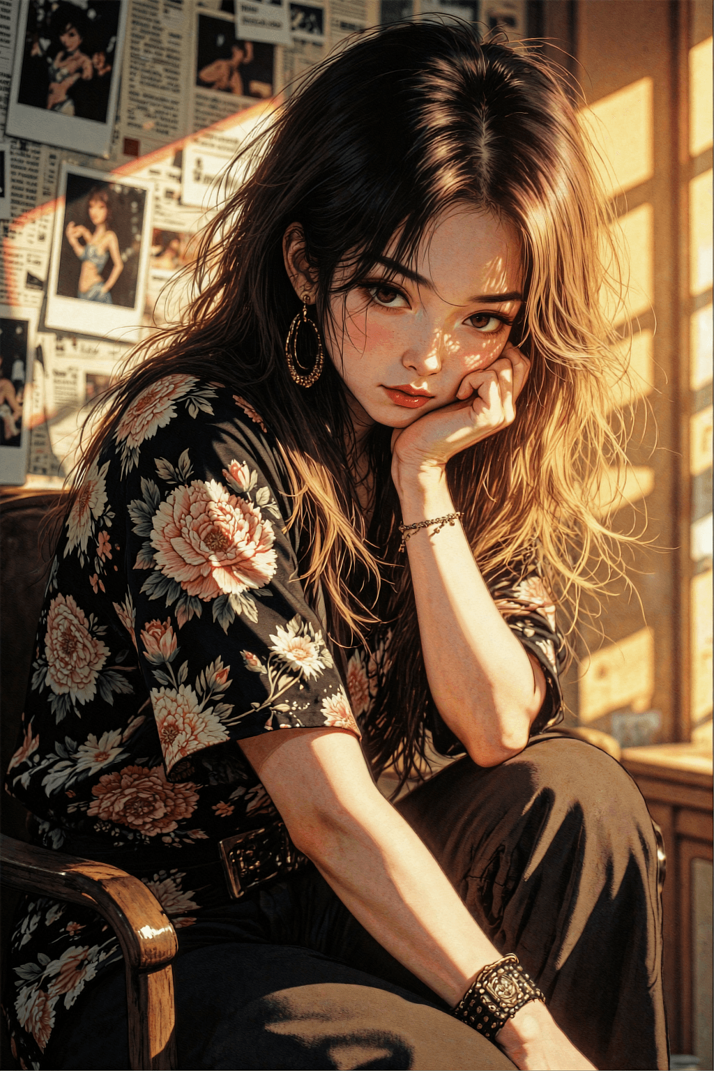 AI generated: A vertical semi-realistic anime illustration of a stylish young woman sitting in a sunlit room. She ...