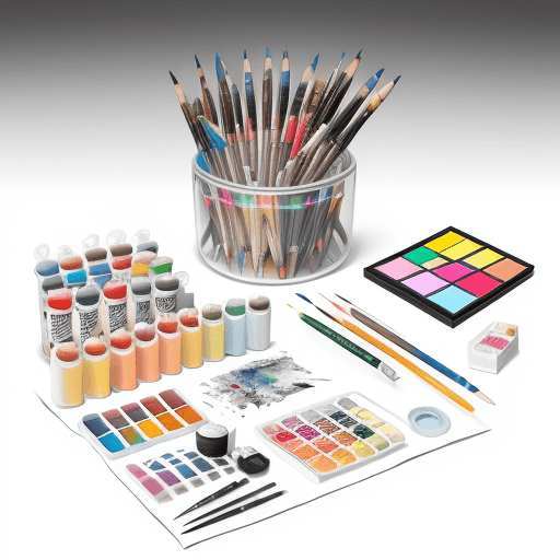 AI generated: Knolling paint and draw art supplies on a white background, ultra realistic, 8k --s 750 
