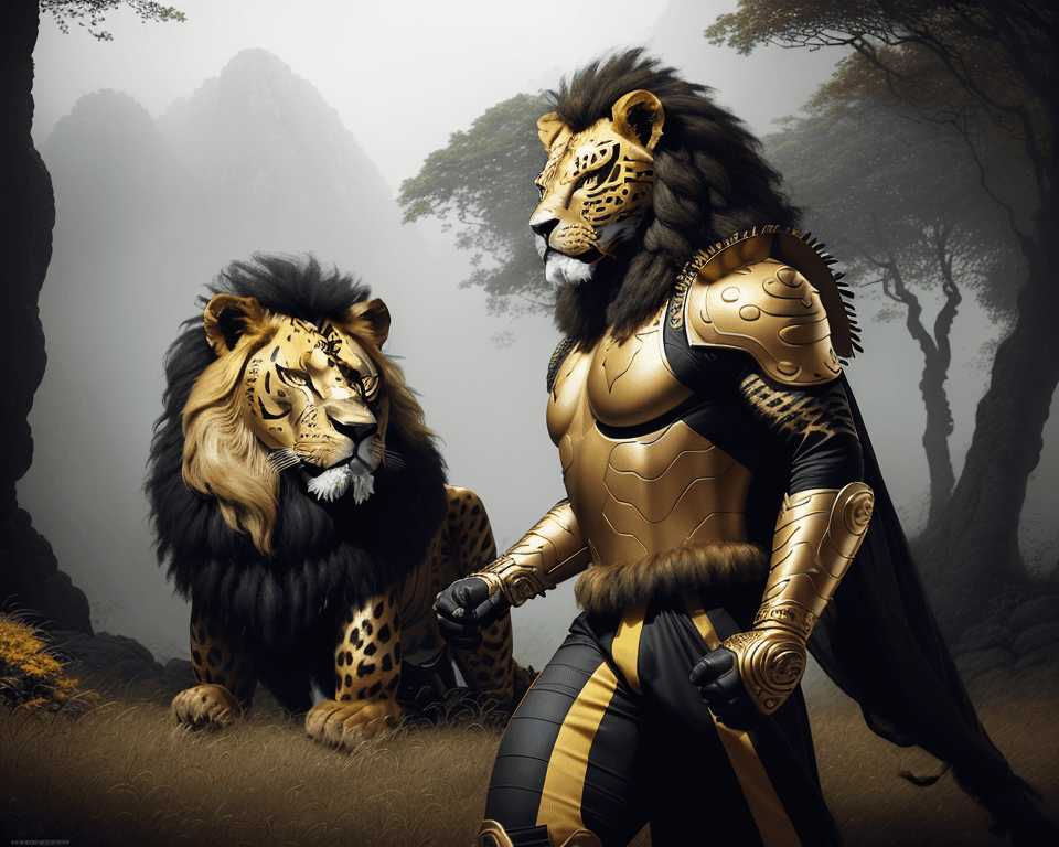 AI generated: jaguar warrior with a wooden mask of yellow, black and a hint of red, in a combat suit made of abund...